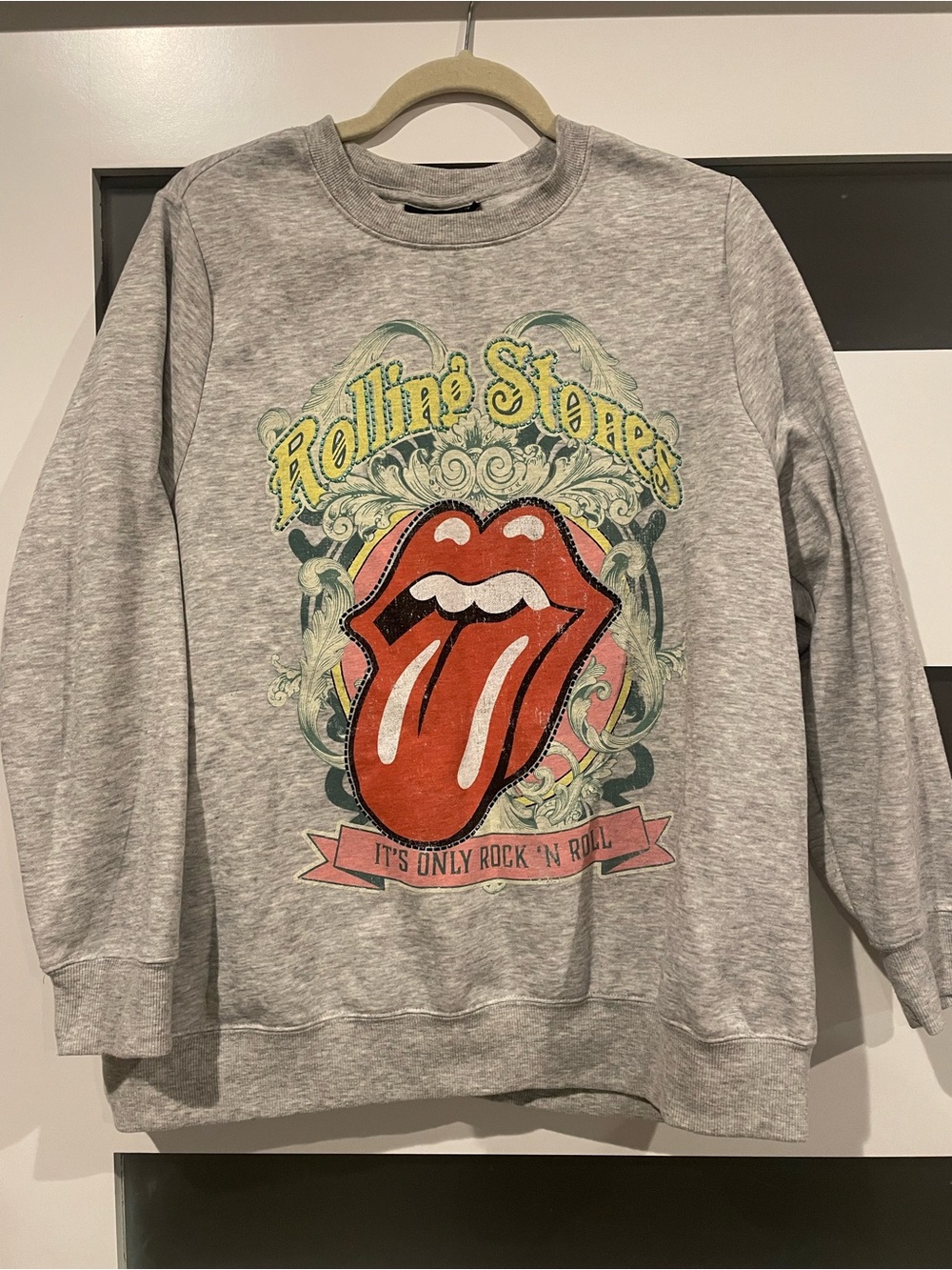 the Rolling Stones Grey Crewneck with Red Tongue Graphic